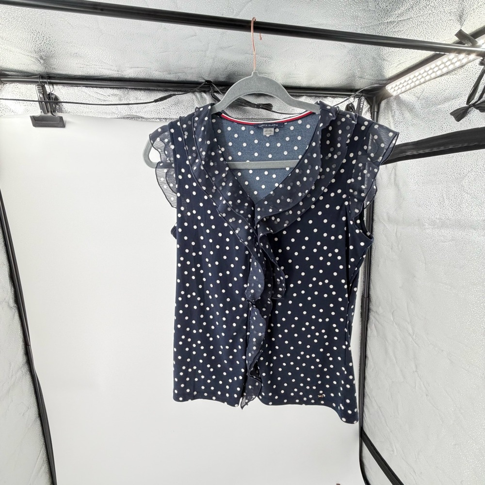 Tommy Hilfiger Navy Blue Polka Dot Ruffle V-Neck Sleeveless Blouse Womens Small